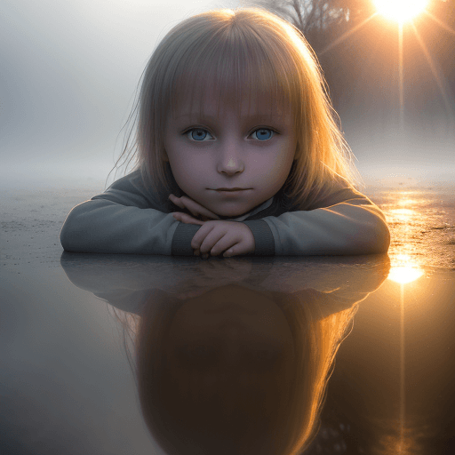 AI generated: fog, reflection, sun rays, young 11 years old happy Estonian girl close up portrait. National geogra...