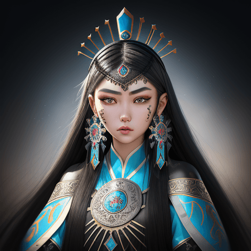 AI generated: kazakh beauty girl. black long hair. traditional clothes. line eyes. Turkish style. reflection flowe...