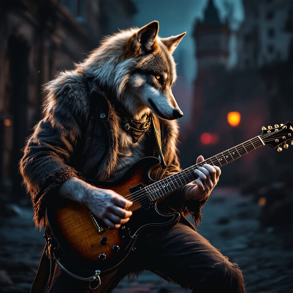 AI generated: A wolf is playing guitar electric in paris