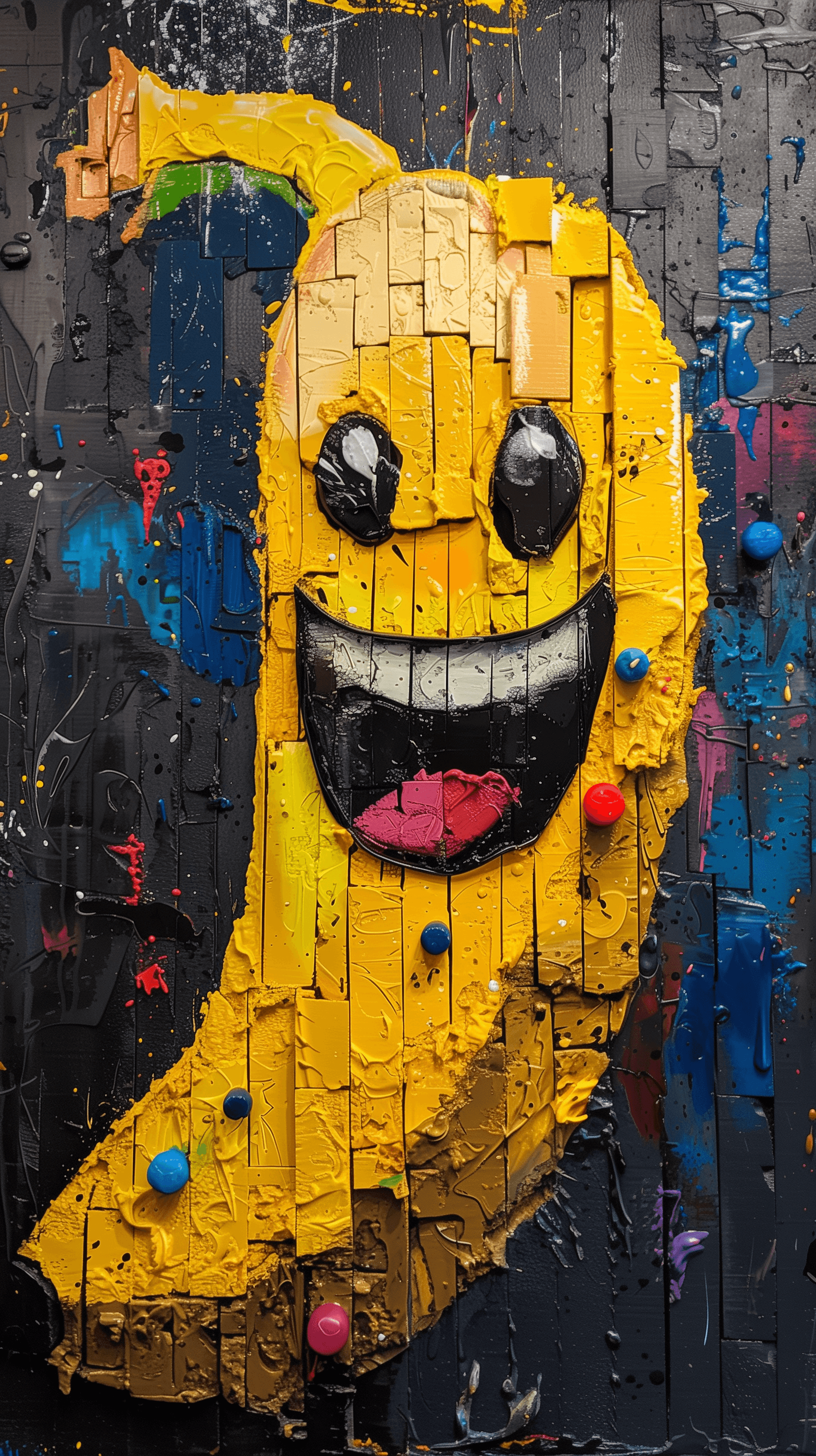 AI generated: crayon art, portrait, infantile expression, cute banana character, big smile, colourful hue, black a...