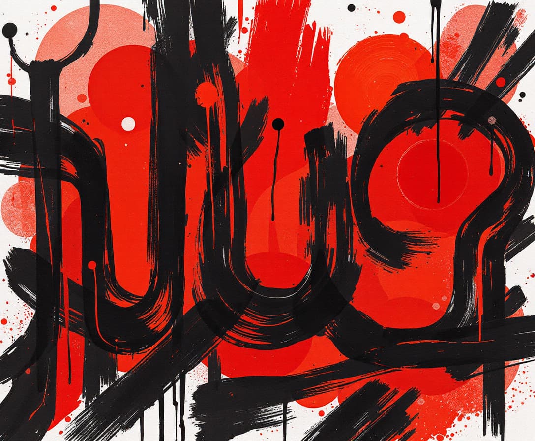 AI generated: It's a mix of different shapes and lines in red on white paper. It has bold black ink strokes that g...