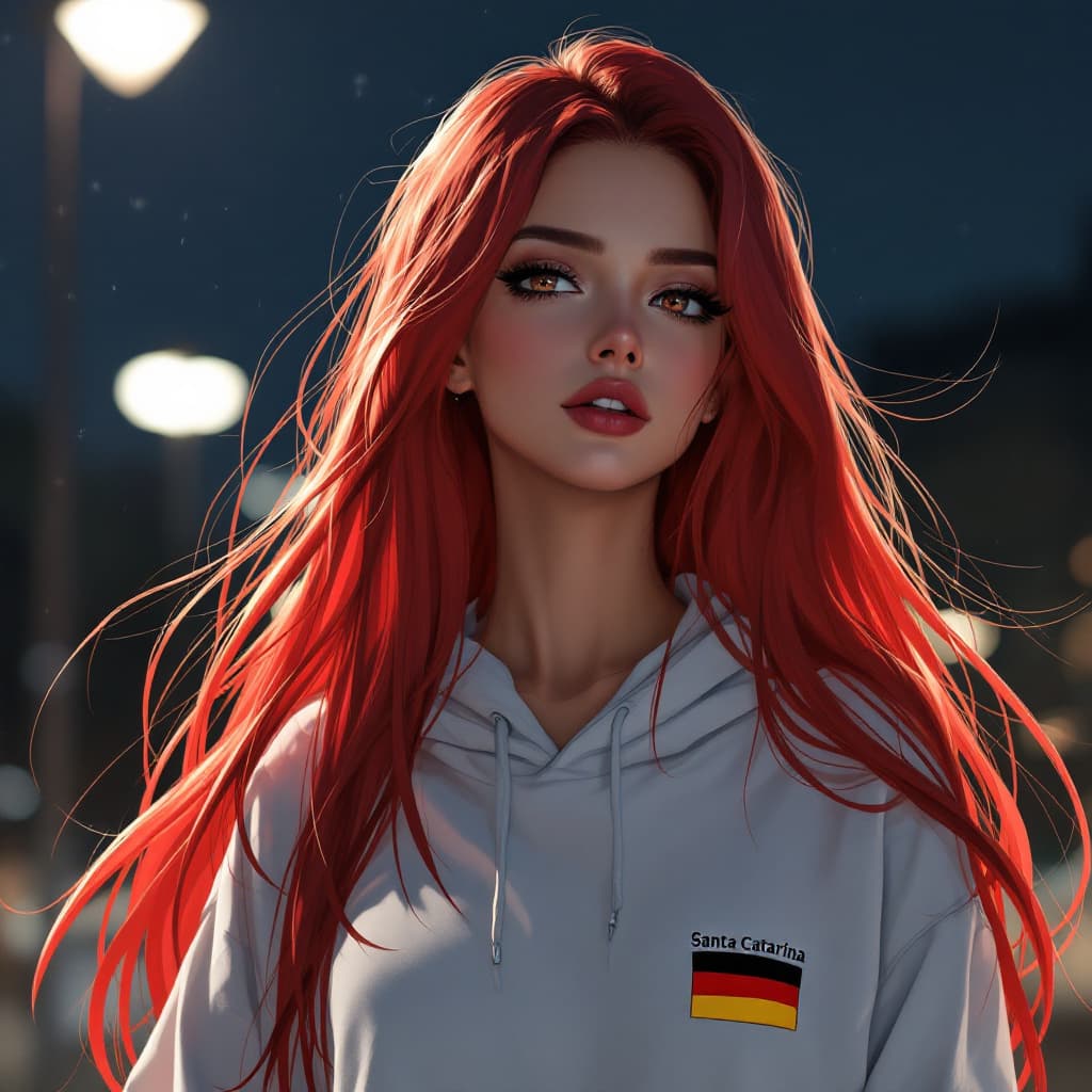 AI generated: German woman, long, red, straight and fluffy hair, heavy eyeliner, makeup, anime, no imperfections, ...