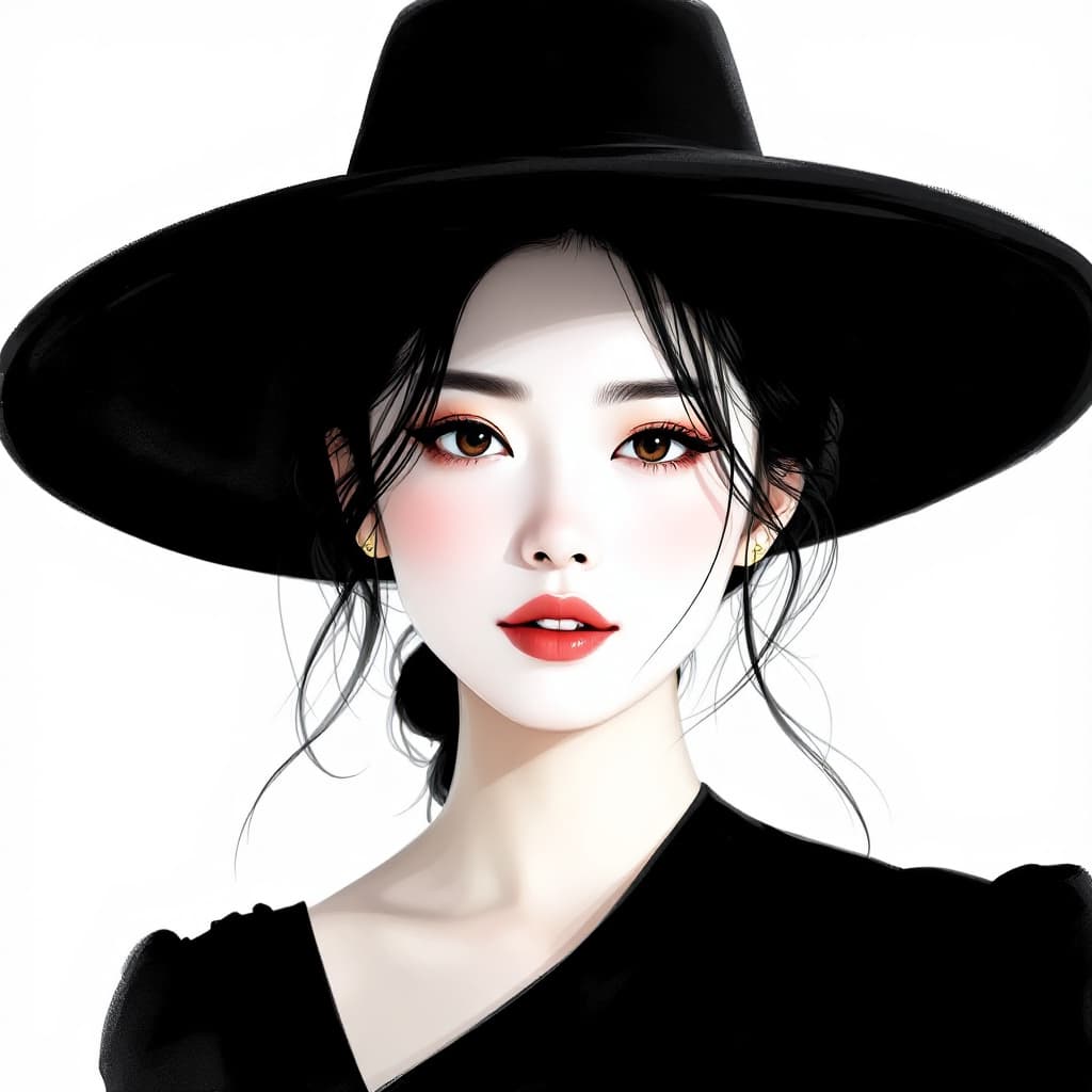 AI generated: Chinese ink style portrait of Chinese photographer Zhang Jingna, wearing a black dress an elegant fa...