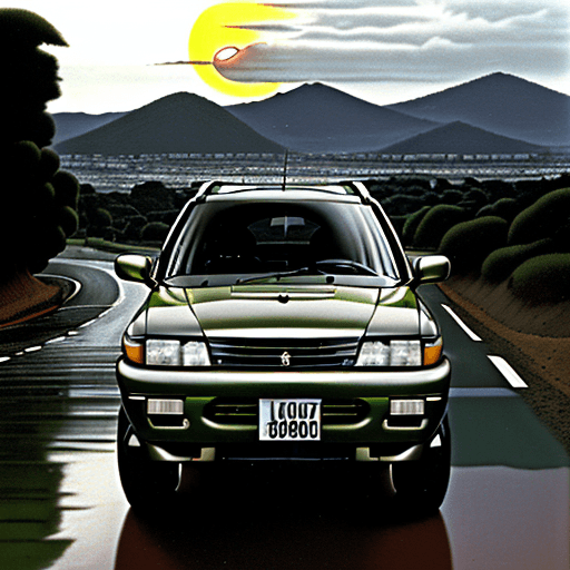 AI generated: carro tt, mitsubushi, pajero glx 2800, 1998, pneus largos, panorama africa, nascer do sol pálido, di...