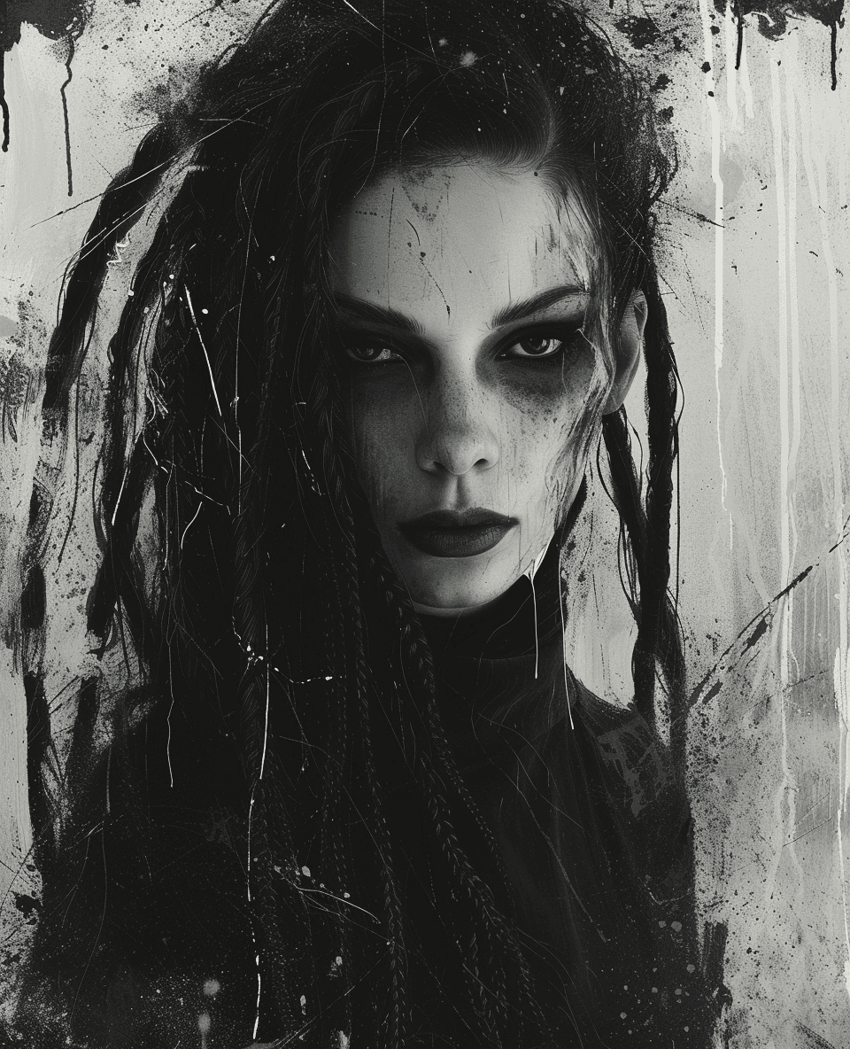 AI generated: a female with fake dreadlocks in black and white, in the style of fantasy-inspired art, hard edge pa...