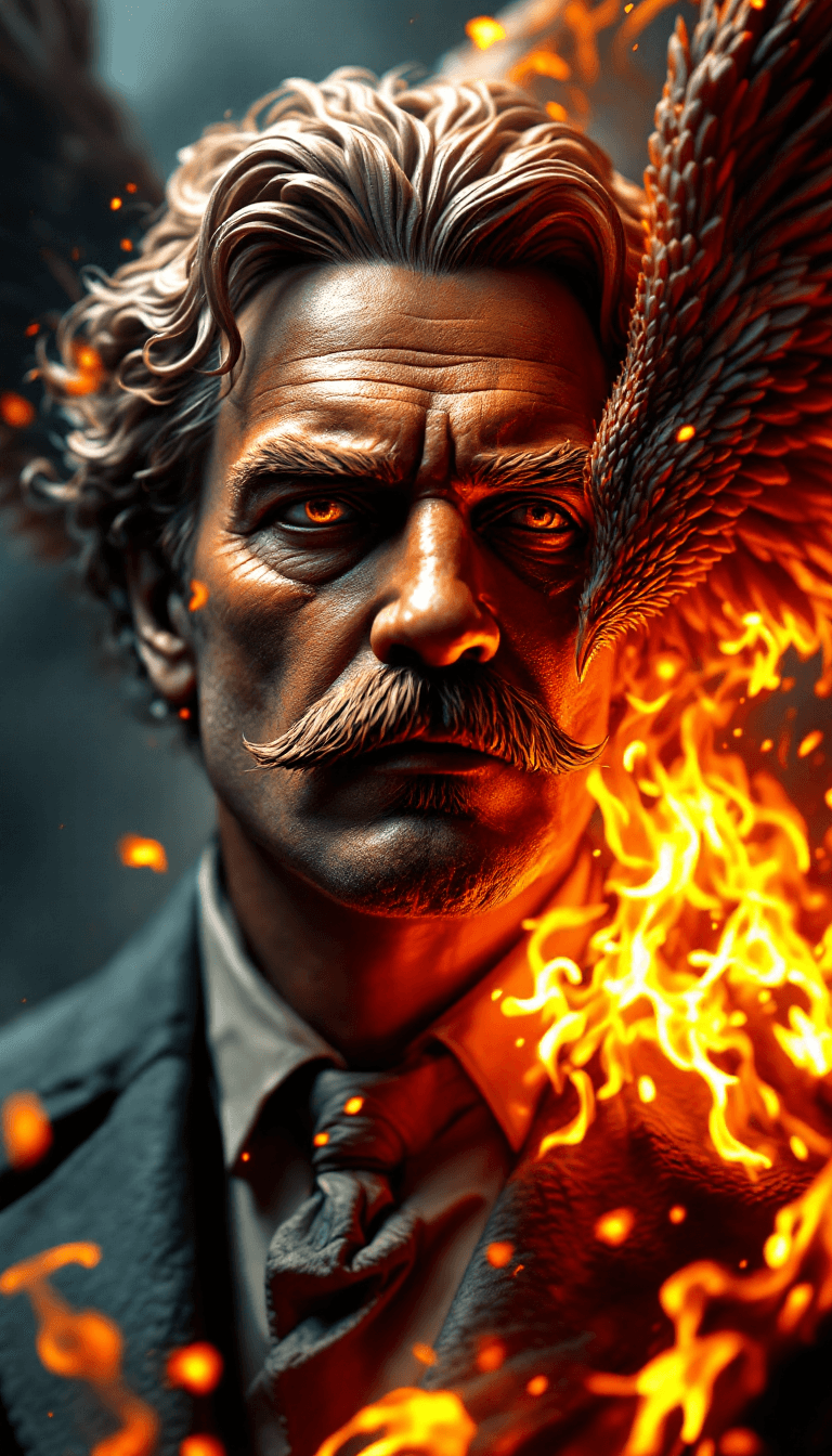 AI generated: D Rendering Style:
"A hyper-detailed 3D rendering of Friedrich Nietzsche, with a phoenix rising dram...