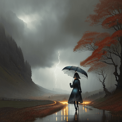 AI generated: Autumm is here. Windy, light rainy, a woman with an umbrella is wandering through the landscape, atm...