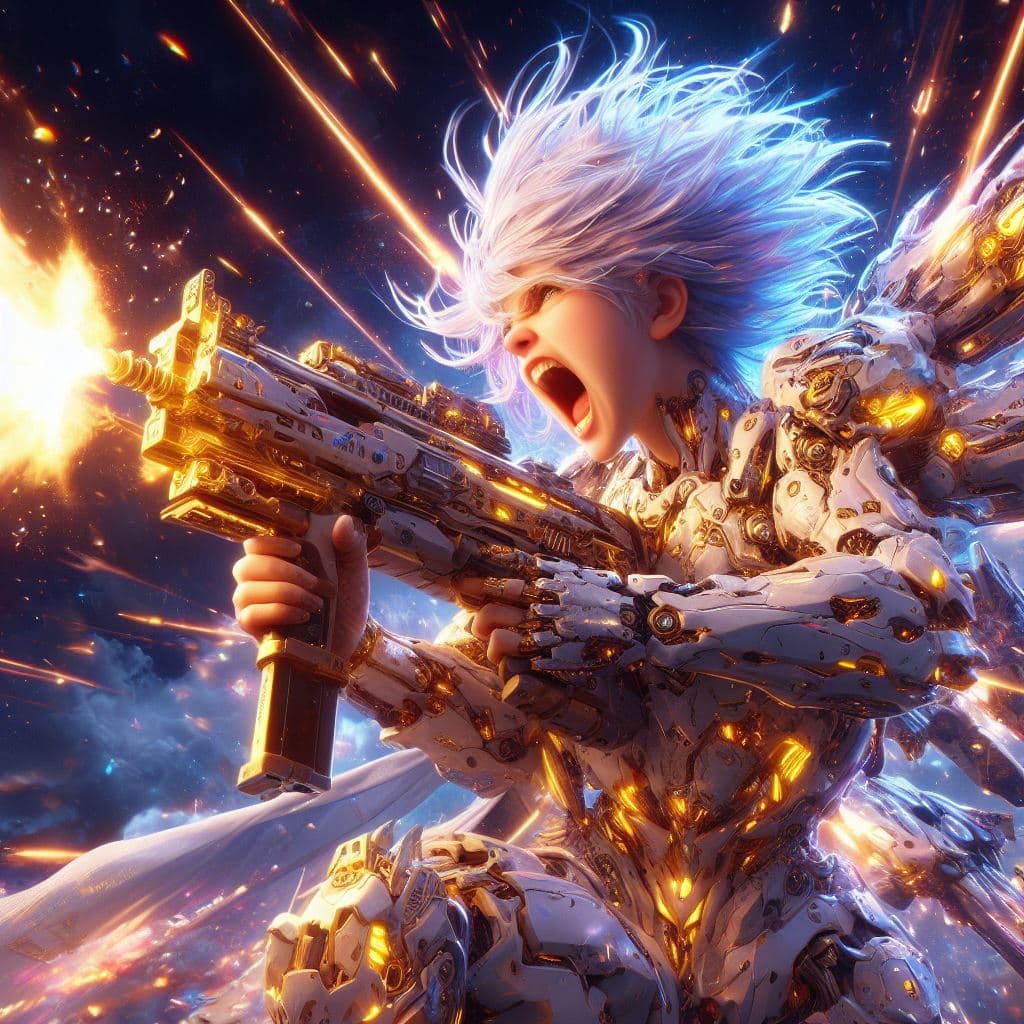 AI generated: photorealistic, detailed flying hair, urbanpunk, more colorful, girl fighting at war, screaming and ...