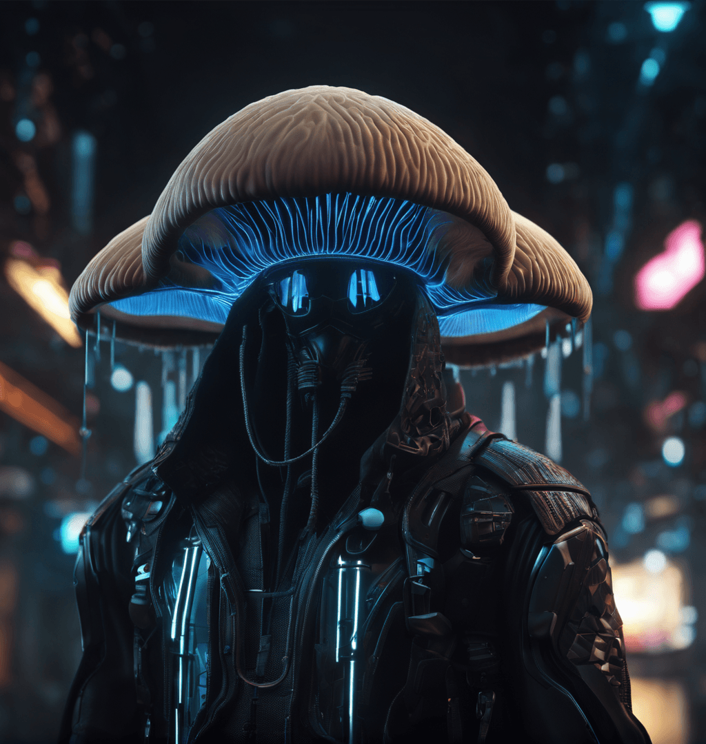 AI generated: A human form creature made of mushrooms, black background, neon light in gills inside mushroom, full...