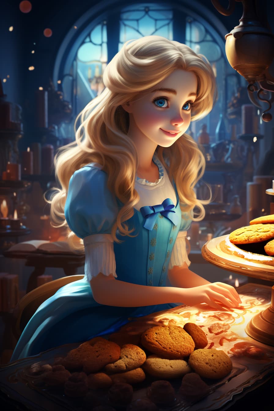 AI generated: cartoon, 2D style, "Alice in Wonderland" to make cookies::2, Disney style, illumination lighting, ma...