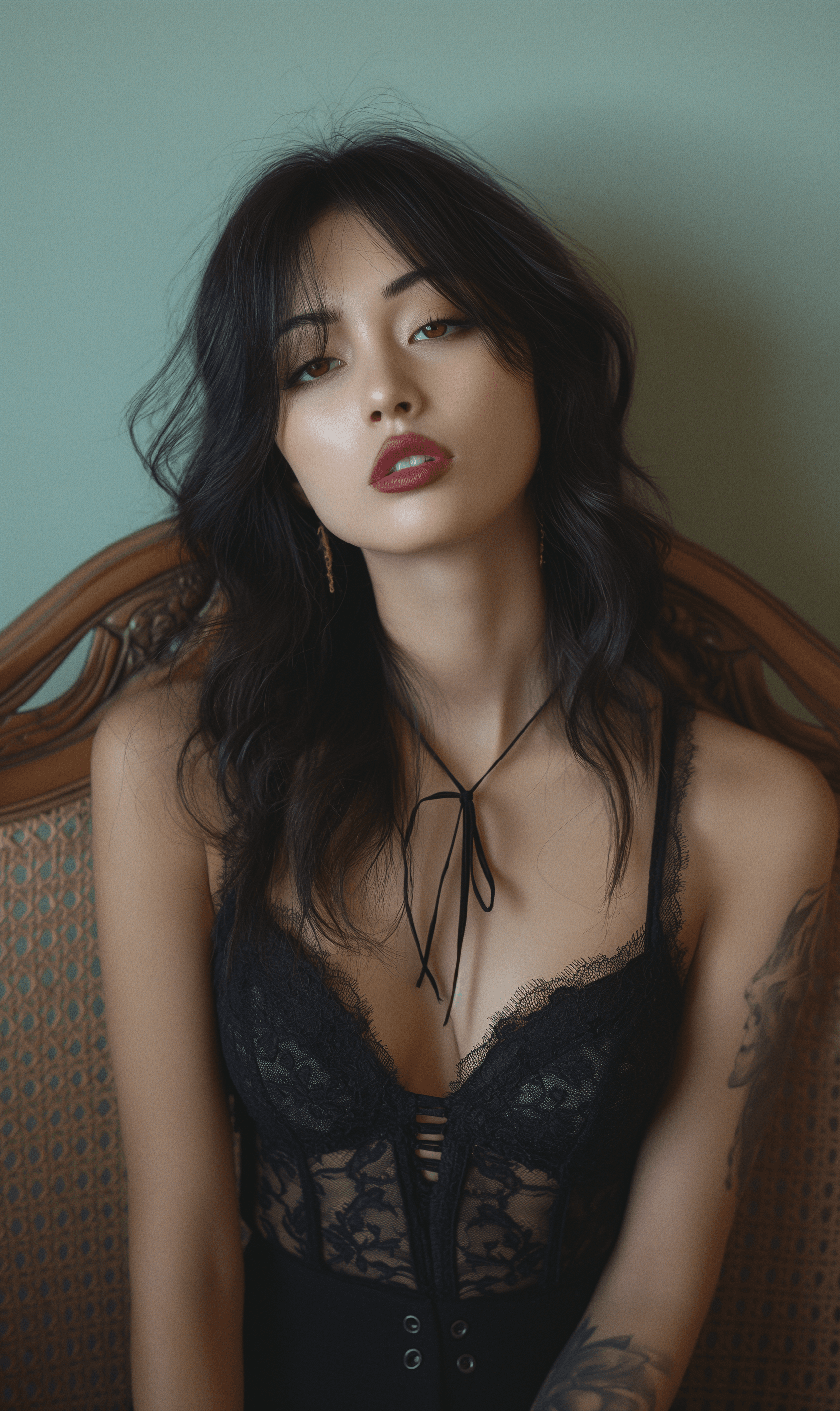 AI generated: a professional shoot, an asian woman in tatoo, gothic style, toned body, white background, melanchol...