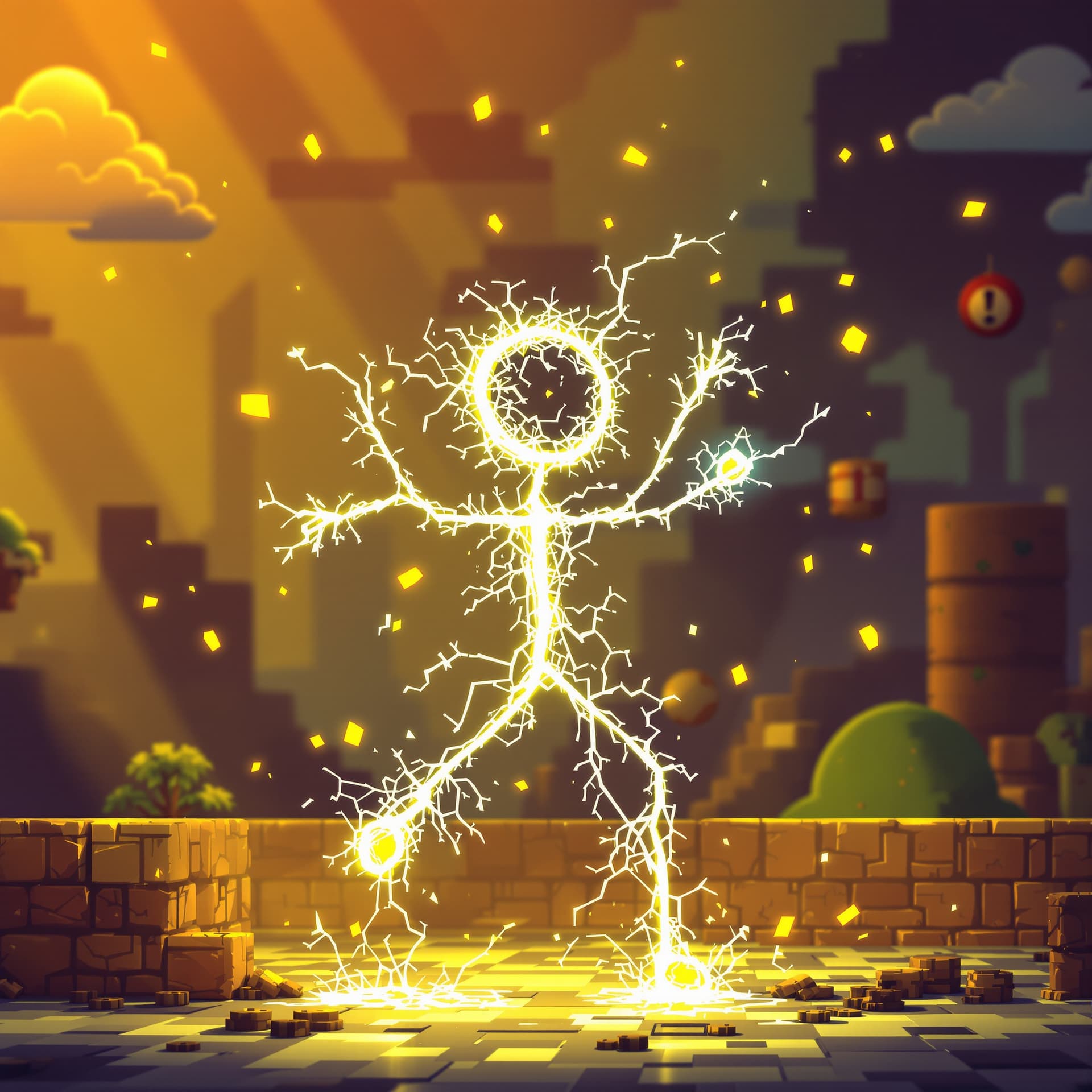 AI generated: a stick man made out of electricity sparks dancing in a mario bothers 2d environment. the background...