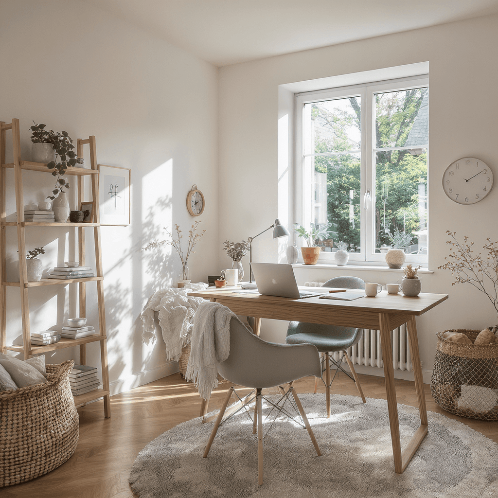 AI generated: A cozy Scandinavian home office, natural oak desk, ambient lighting from a floor-to-ceiling window, ...