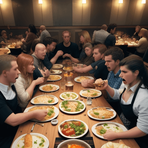 AI generated: A meal with a lot of people sitting at a table sideways with food on the table and everyone with an ...