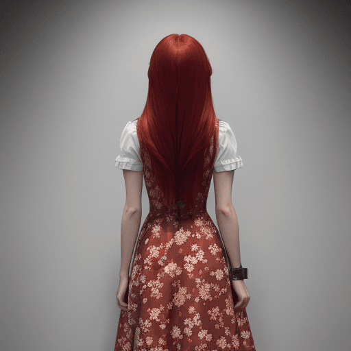 AI generated: Woman with long, straight, red hair and a she is wearing a short floral dress and wearing metal poli...