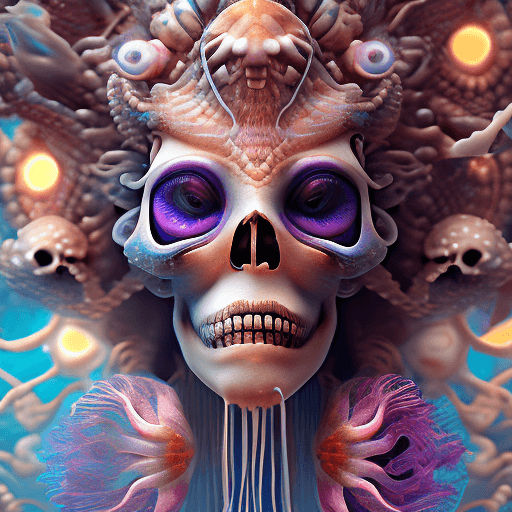 AI generated: Goddess close-up portrait ribcagel. jellyfish phoenix head, nautilus, orchid, skull, betta fish, bio...