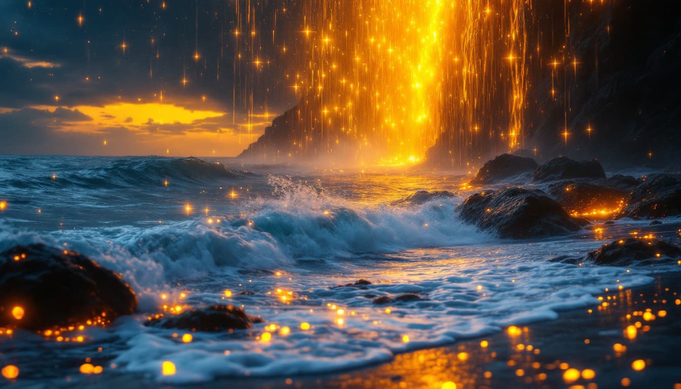 AI generated: waterfall wi

. golden rain is falling down only light from the heart is shaning
 hovering above gol...