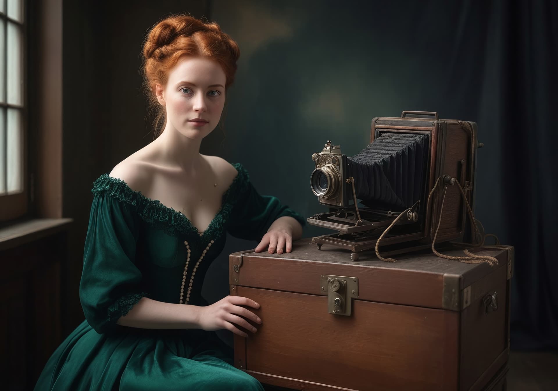 AI generated: A cinematic portrait of an exceptionally beautiful redheaded 18-year-old woman standing beside a lar...