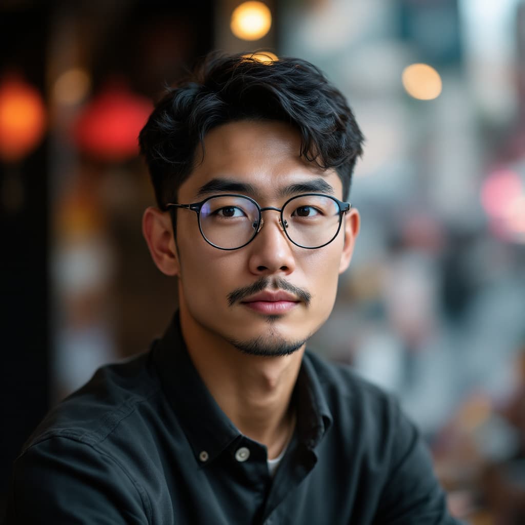 AI generated: realitic ultra photo of a handsome Asian man wearing prescription eyeglasess, smart looking, detaile...