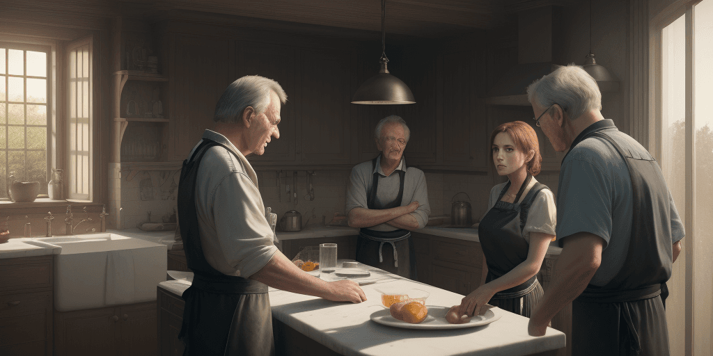 AI generated: A man talking to his sister and father in the kitchen. cinematic, hyper realism, high detail, hd , 8...