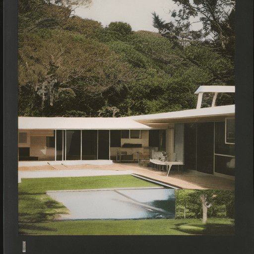 AI generated: Hyper realistic eye level exterior photo of a mid century modern style house overlooking the ocean, ...