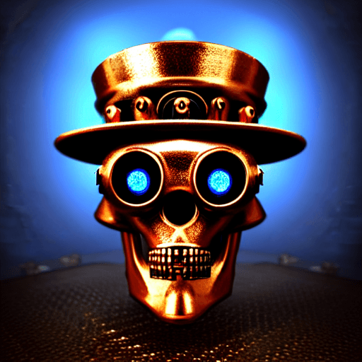 AI generated: stylize, large symmetrical steampunk copper skull with glowing blue portal eye sockets and wearing r...