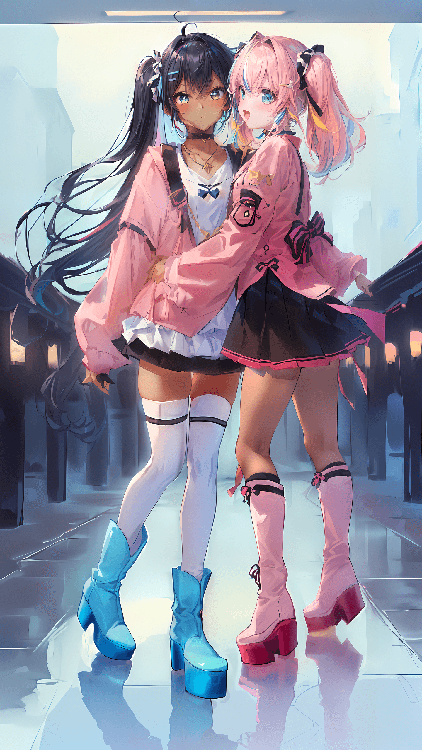 AI generated: (masterpiece of the highest quality:1.4), 2girls, duo, detailed face, blue-green eyes, hugging, fash...