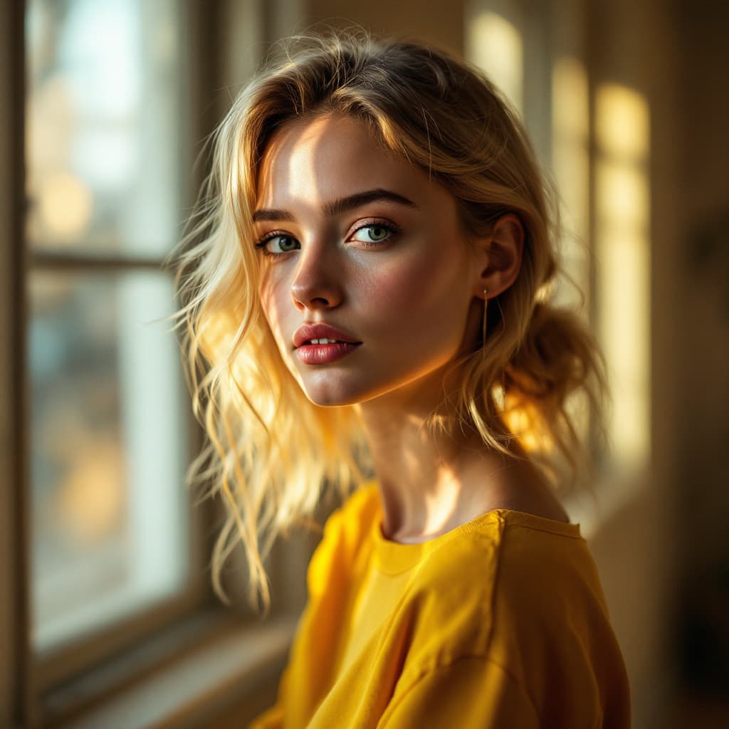 AI generated: blond girl in a yellow shirt is posing, soft, atmospheric lighting --chaos 33 --ar 1:2 --profile yru...