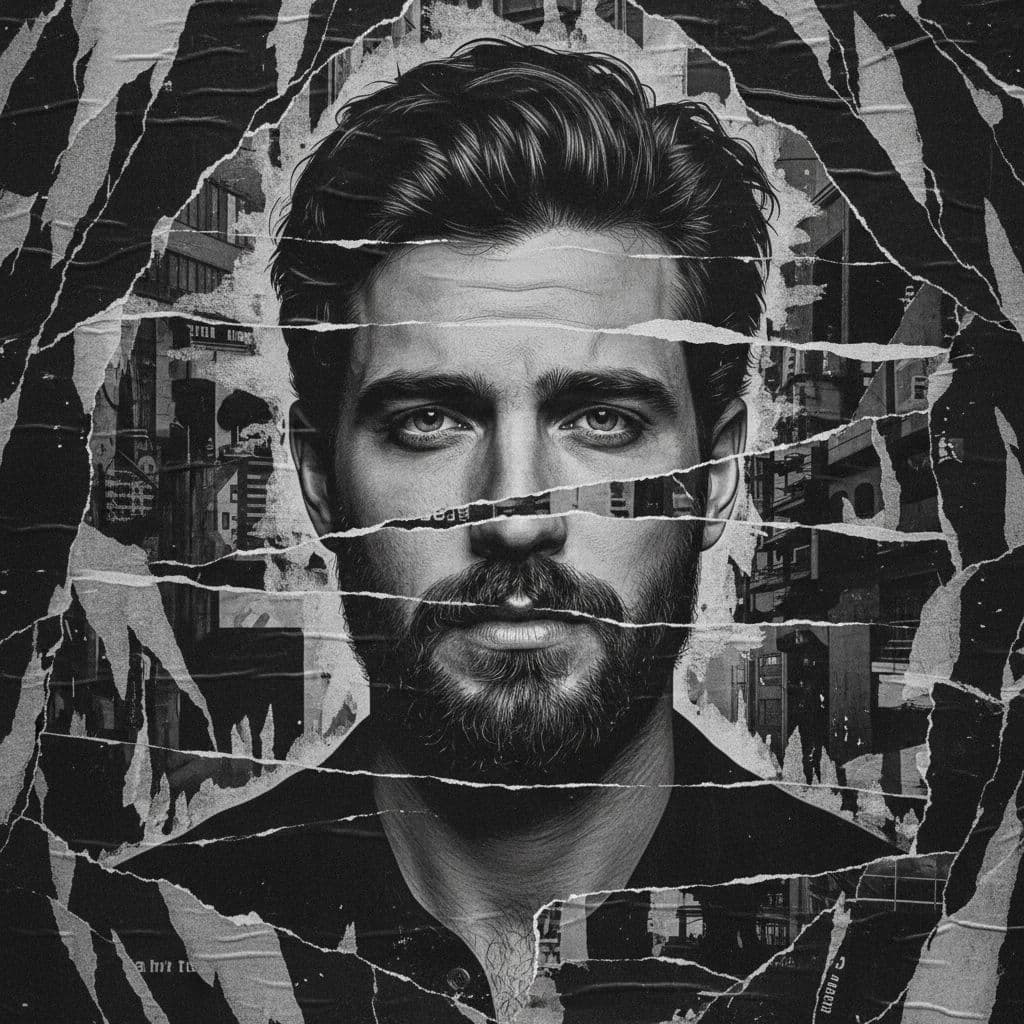 AI generated: Distressed, torn poster art of a brooding male figure with a soulful gaze, dark hair, and a neatly t...