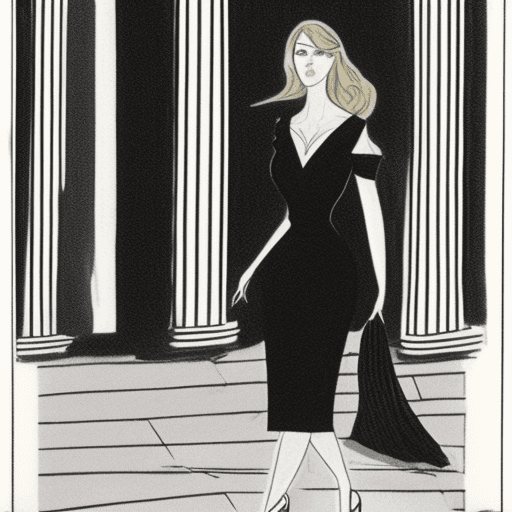 AI generated: A woman stands on a city street with classical buildings behind her, posing in a black V-neck dress ...