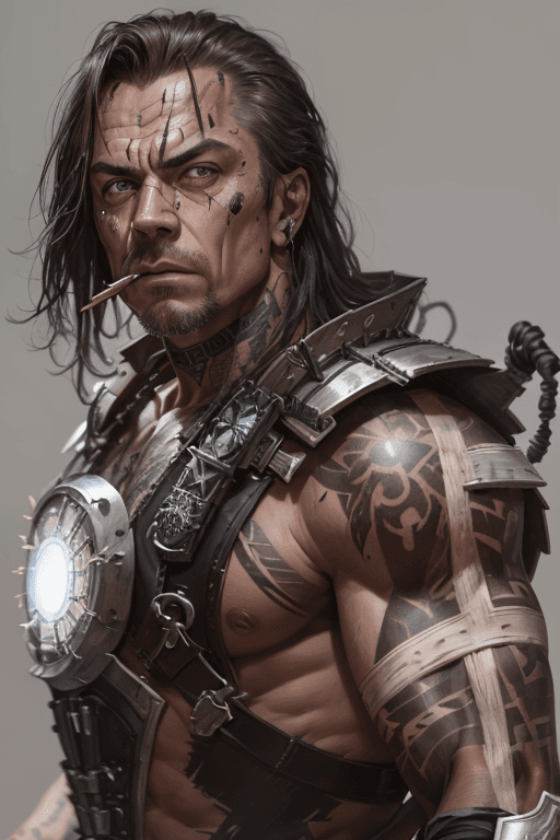 AI generated: close up portrait of Ivan Vanko aka Whiplash, intense gaze, battle-ready, iron armor with an arc rea...