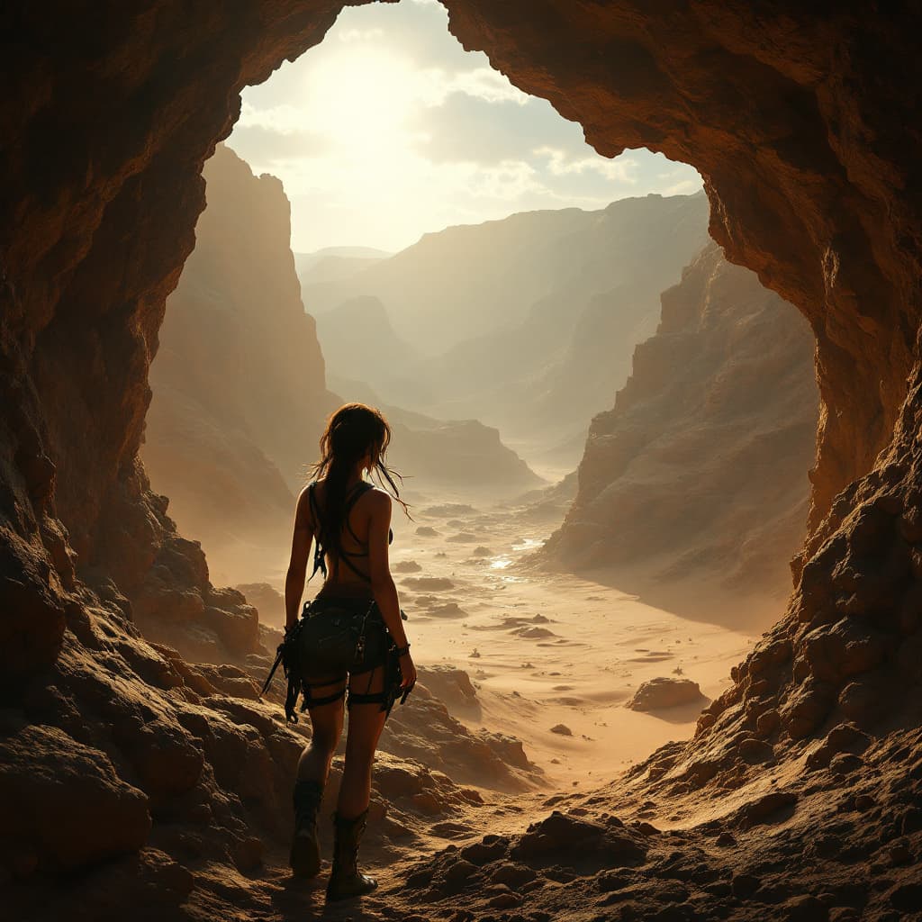 AI generated: Após explorar a caverna,Tomb Raider Lara Croft encontra uma saída para o vasto deserto. A luz do sol...