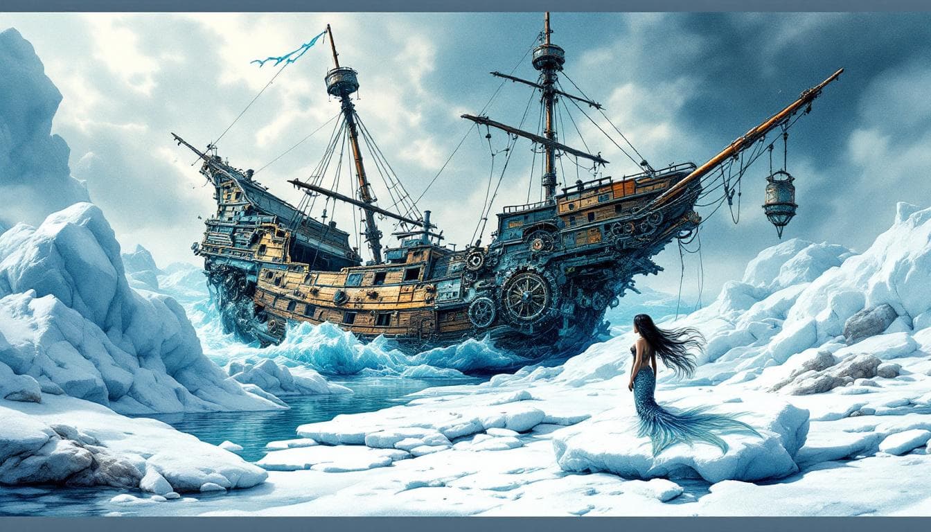 AI generated: A composite blend of adventure fantasy Illustration of a shipwrecked ancient decrepit broken in half...