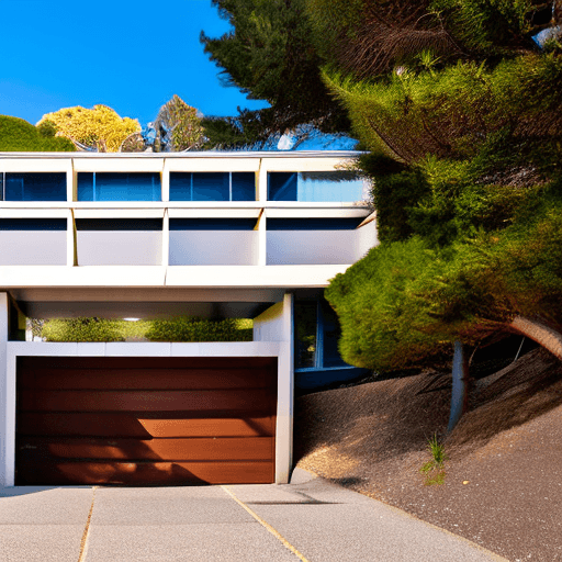 AI generated: Hyper realistic eye level exterior photo of a mid century modern style house overlooking the ocean, ...