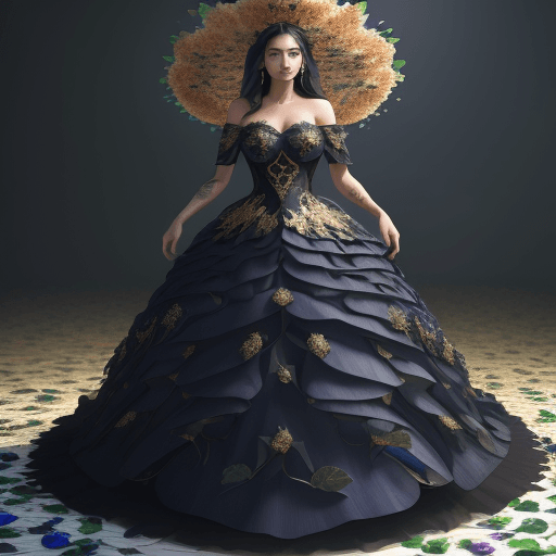 AI generated: A full body photorealistic beautiful dress made entirely of leaves with blue apple texture, rose pat...