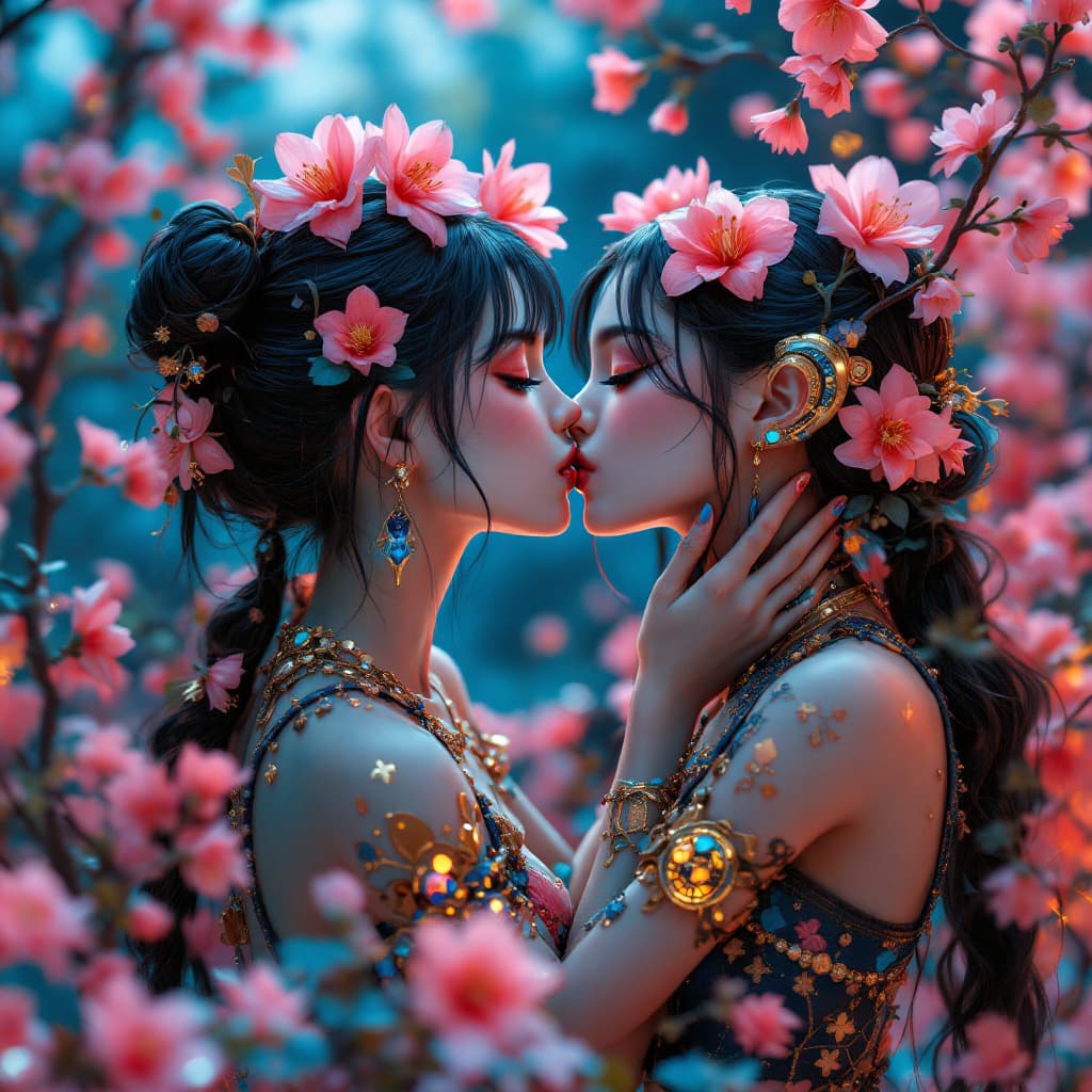 AI generated: a Japanese anime, anime style,two girl hugging and kissing with pink flowers, in the style of cyberp...