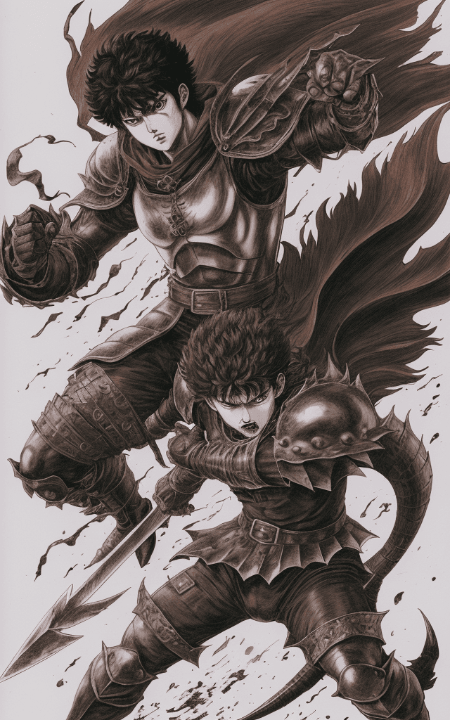 AI generated: monochrome, a man with big eyes, brown hair with tuft, in golden armor, killed by a berserk demon, m...
