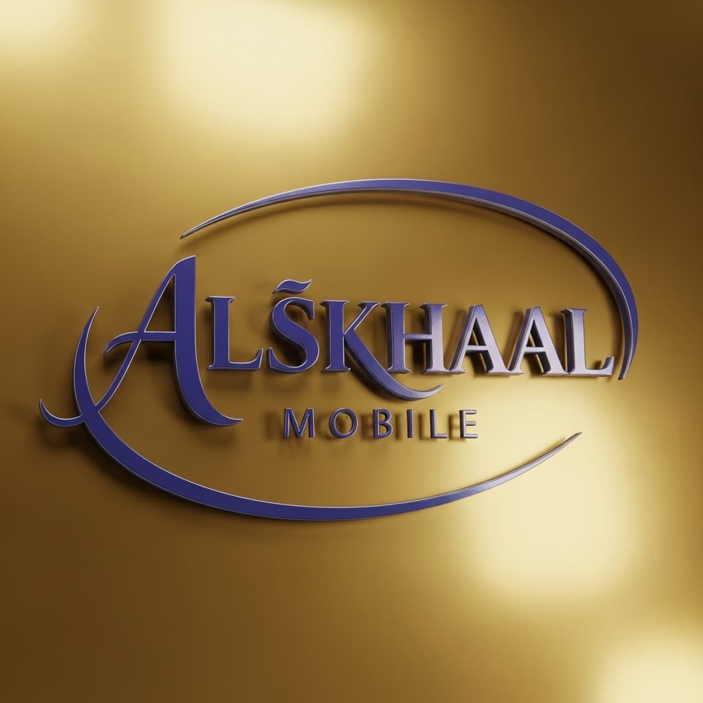 AI generated: 3D logo design featuring indigo text AL☆KHAAL MOBILE Calligraphy on a gold background. Include an ov...