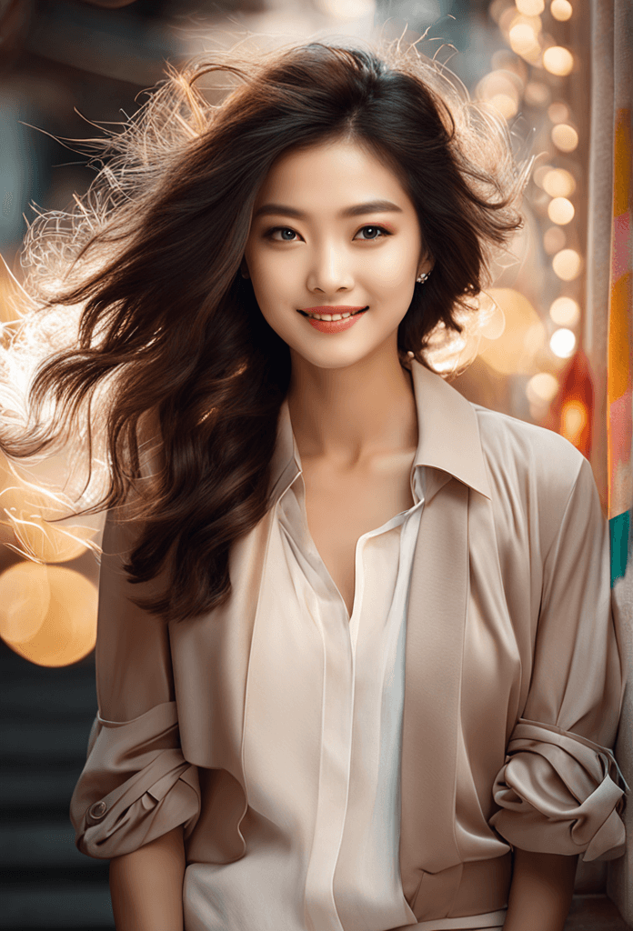 AI generated: A smiling Asian woman poses for the camera with an oshare kei flair, showcasing intricate details in...