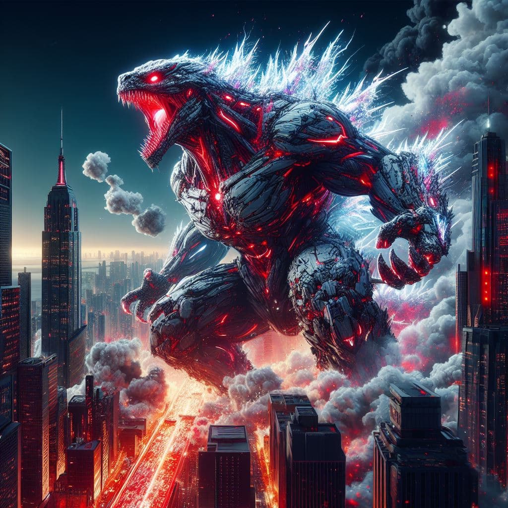 AI generated: high ground angle shot, skyscrappers on low ground, a angry screaming King Kong Godzilla, futuristic...