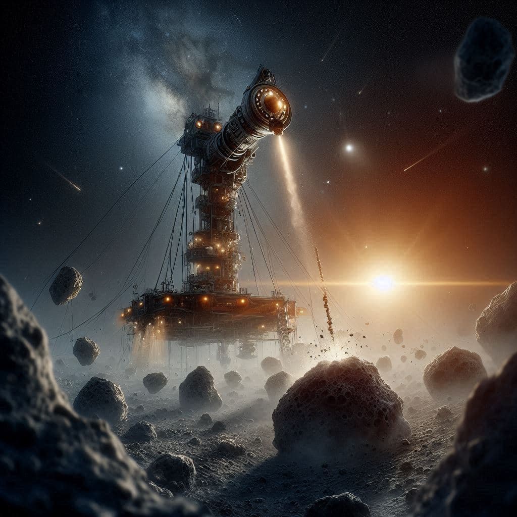 AI generated: An asteroid-lander drilling an asteroid, in the style of realistic hyper-detailed rendering, dark sp...