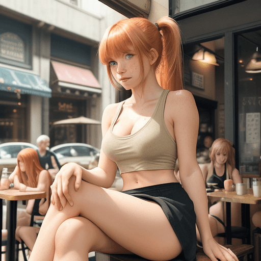 AI generated: (cute 20 year old girl), blondish-light red hair in short ponytail, bangs, freckles, fit body, tank ...