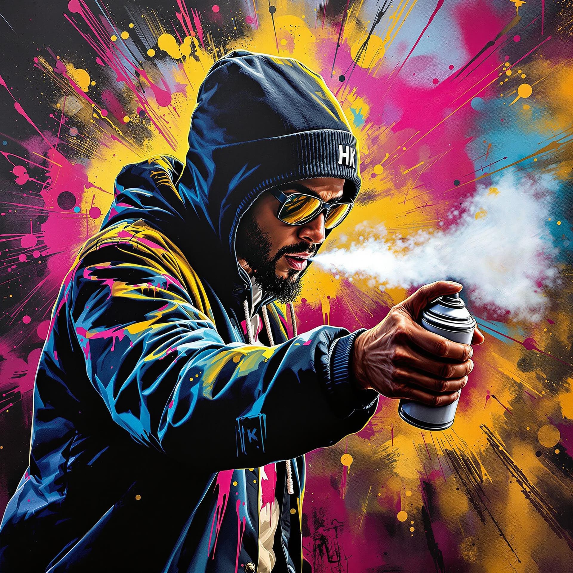 AI generated: Hip Hop Aerosol Art, Spray Paint, Dynamische Formen, Urban, Portrait eines Hip-Hop-Künstlers in Akti...