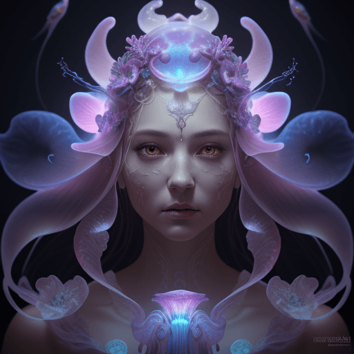 AI generated: Goddess close-up portrait ribcagel. jellyfish phoenix head, nautilus, orchid, skull, betta fish, bio...