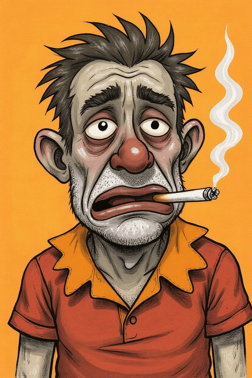 AI generated: funny caricature, disheveled clown character, male, 45 years old, messy, grumpy, tired, exaggerated ...