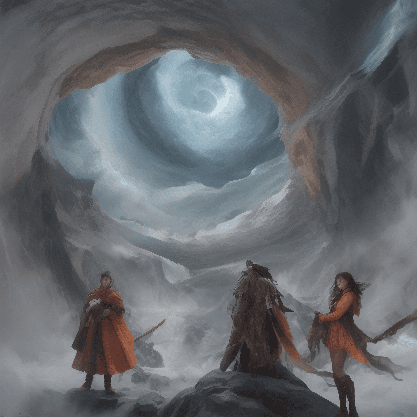 AI generated: This image depicts a fantastical scene of a man and woman facing a dragon in a mountainous landscape...