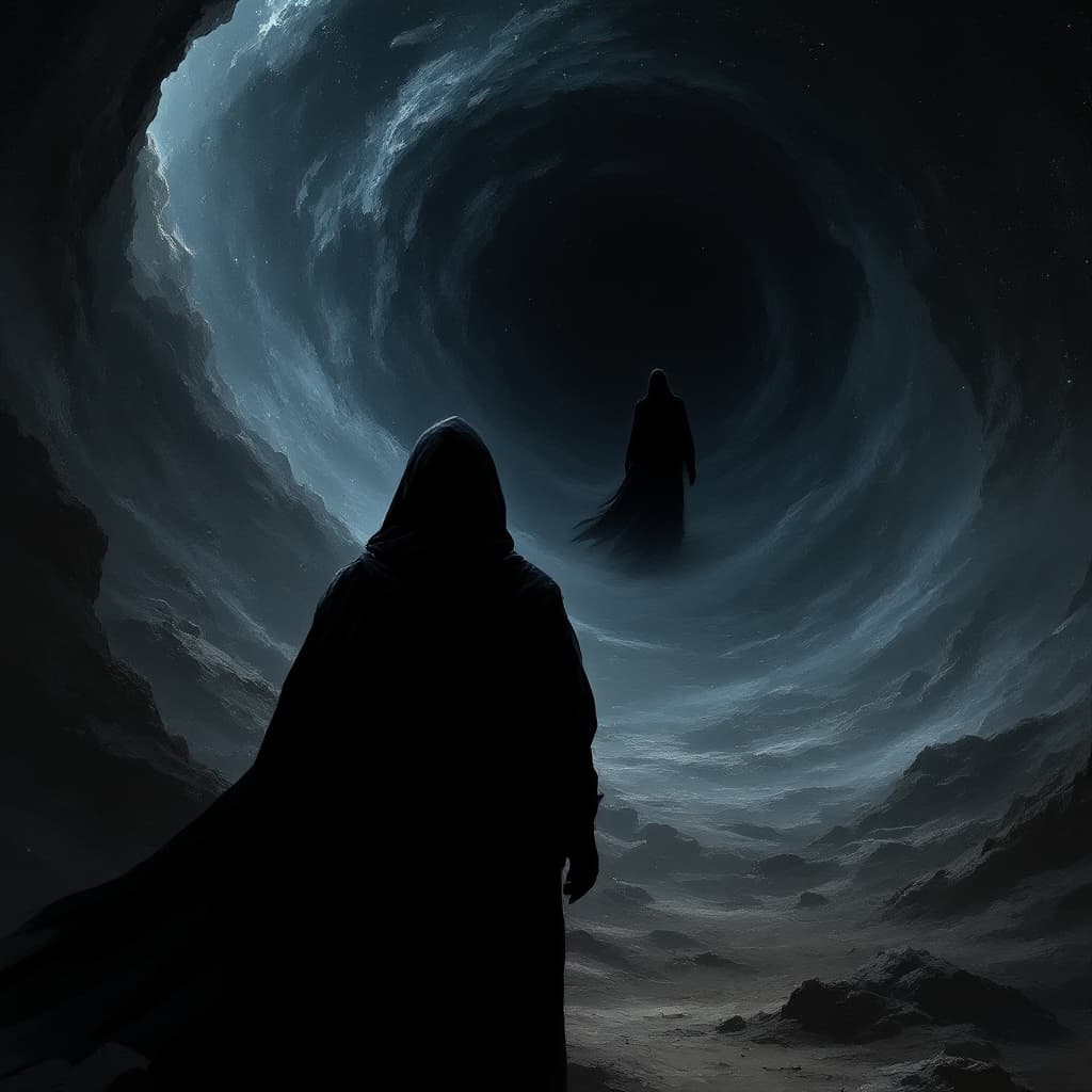 AI generated: concept art a black being in the void in the background, starring back at the cloaked person in the ...
