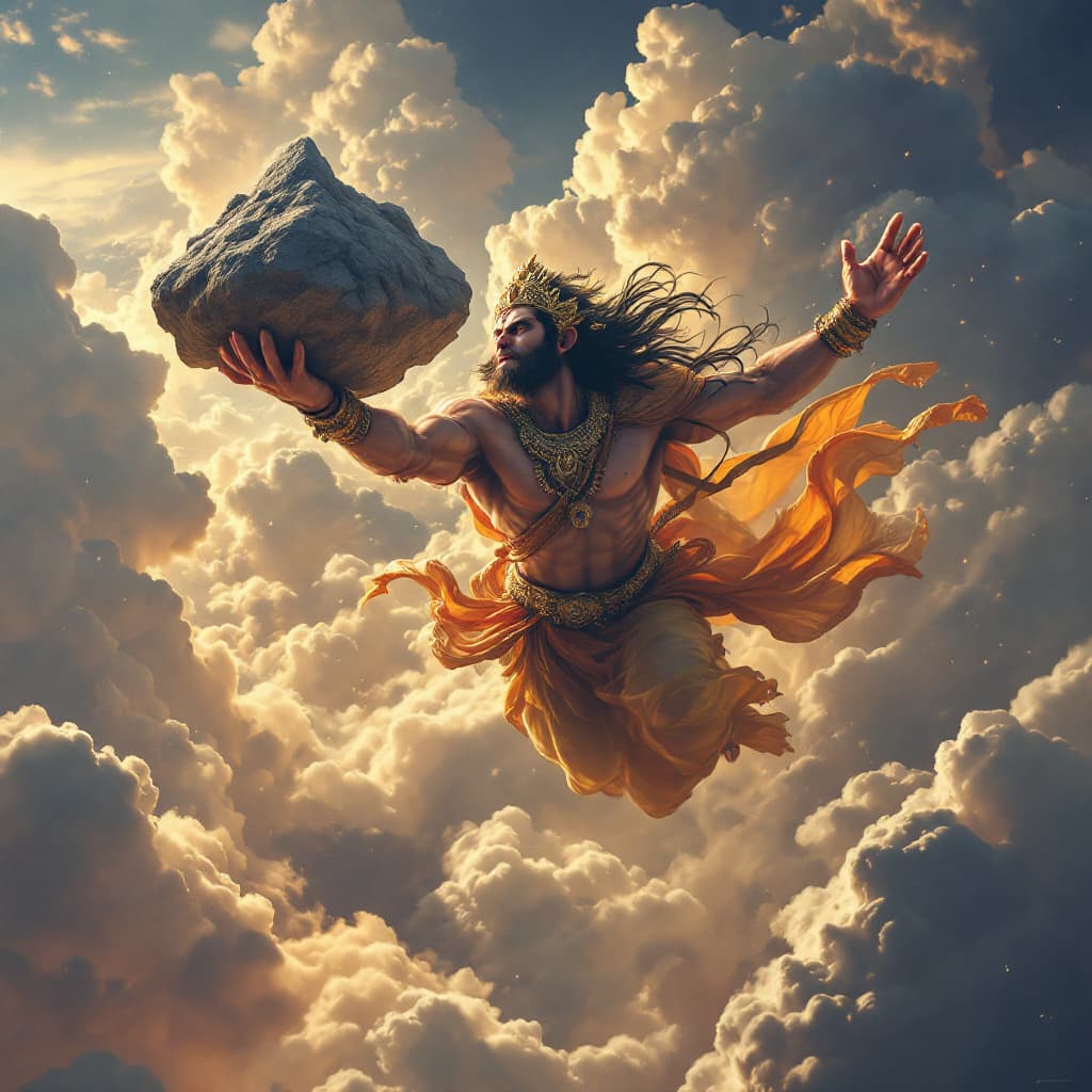AI generated: Lord Hanuman, the hindu monkey god, flying in the sky carrying a mountain in his left hand, super ar...