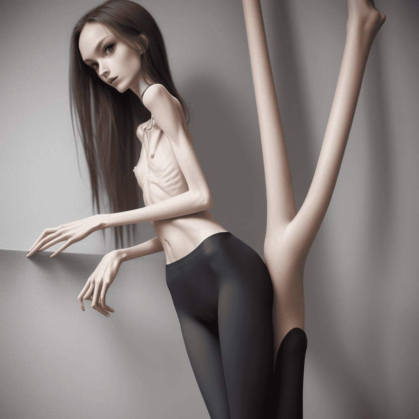 AI generated: extreme beautiful skinny slender (almost anorexic)  girl with skinny slender thighs narrow, long fin...