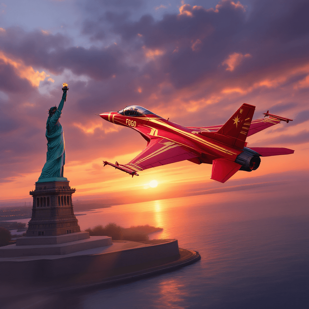 AI generated: A high-quality Procreate digital painting for iPad depicting a striking red F-16 with elegant gold s...